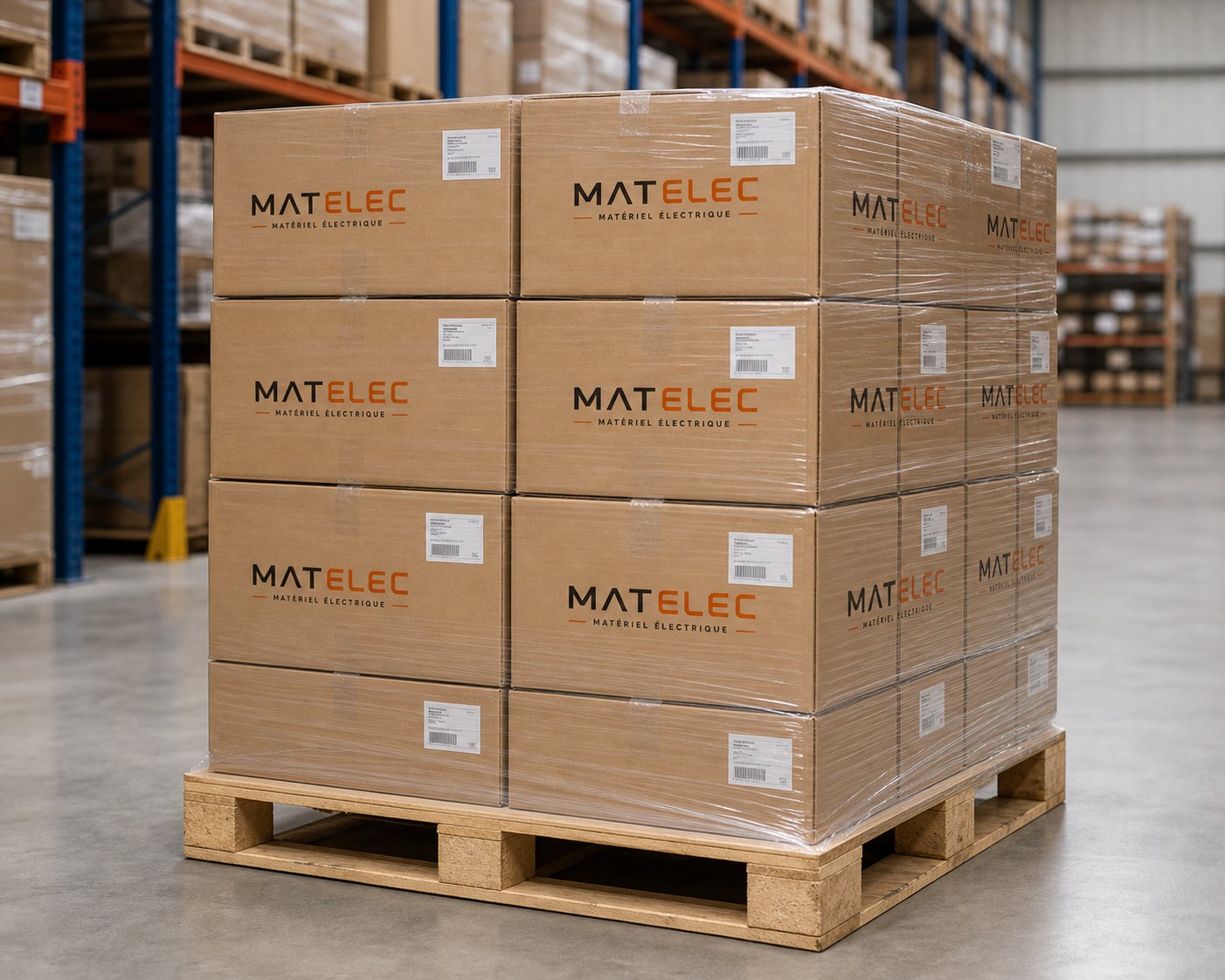 Palette de colis Matelec pr&eacute;par&eacute;e pour exp&eacute;dition