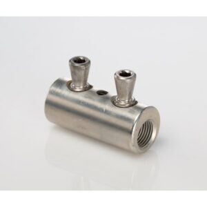 Connecteur cylindrique en métal avec deux bornes à vis et filetage interne