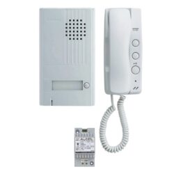 Interphone audio complet portier argenté, configuration visible