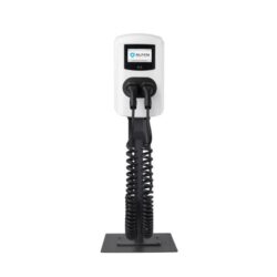 Borne de recharge double triphasée avec deux câbles enroulés et socle de fixation au sol
