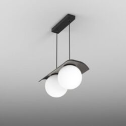 Suspension LED noire à deux globes blancs et support rectangulaire