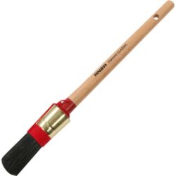 Brosse ronde à manche bois long virole métallique rouge et dorée fibres noires