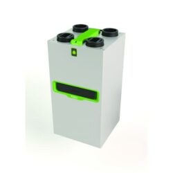 Caisson VMC double flux gris avec quatre piquages supérieurs et ouverture frontale noire et verte