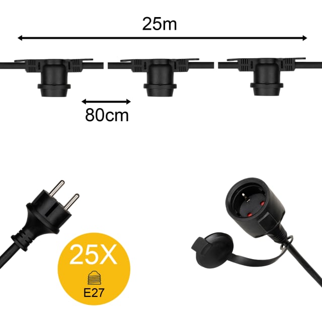 BAILEY - Guirlande à douilles 25m Noir 25x E27 Max 25W par Douille IP44 CLII H07RN-F 2x1. - 142610 BAILEY - Guirlande à douilles 25m Noir 25x E27 Max 25W par Douille IP44 CLII H07RN-F 2x1. - 142610