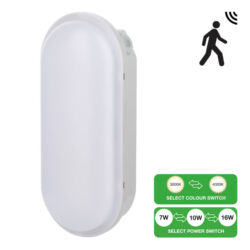 Applique LED ovale avec détecteur HF IP54, dimensions 225 x 100 x 65 mm