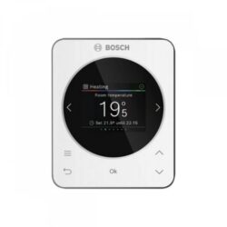 Thermostat tactile carré blanc avec écran noir affichant 19,5 degrés et boutons de navigation