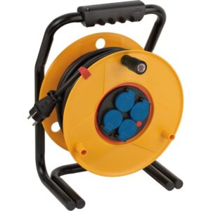 Enrouleur de câble jaune IP44 avec câble noir et quatre prises bleues 25 m