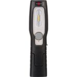 Lampe torche LED rechargeable noire avec panneau frontal blanc et bouton rond gris