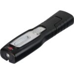 Lampe torche LED noire rechargeable avec bouton latéral et indicateurs lumineux