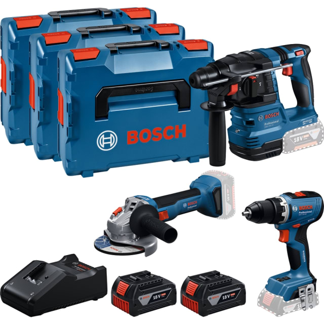 Bosch Professional kit outils 18V Kit perceuse perforateur meuleuse 18V avec coffrets bleus batteries chargeur et accessoires