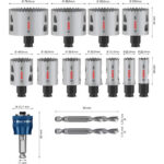 Coffret de scies trépans multi matériaux avec plusieurs diamètres et deux forets de centrage