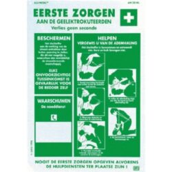 Affiche verte premiers secours électrisation avec pictogrammes blancs et croix médicale