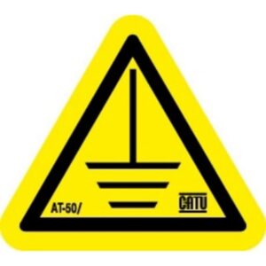 Autocollant triangle jaune et noir avec symbole de mise à la terre et référence AT-50