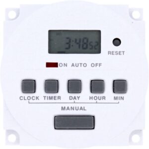 Programmateur horaire digital embrochable 12V avec écran LCD, boutons CLOCK TIMER DAY HOUR MIN et mode manuel