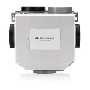Groupe d extraction hygroréglable avec boîtier blanc et raccords de ventilation circulaires