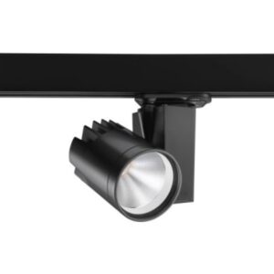 Spot LED noir orientable sur rail avec dissipateur strié et réflecteur argenté