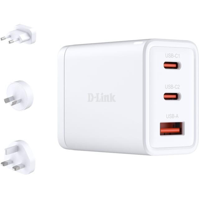D-LINK Chargeur secteur GaN 65W DCP-651 Chargeur secteur blanc USB-C et USB-A 65W avec deux ports USB-C et un port USB-A