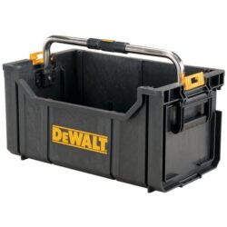 Boîte à outils noire avec poignée métallique rabattable et loquets jaunes modulaires