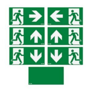 Kit pictogrammes plexi vert avec flèches directionnelles et symbole sortie de secours
