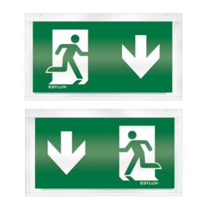Pictogramme de secours plexi recto verso avec flèche bas et pictogramme évacuation