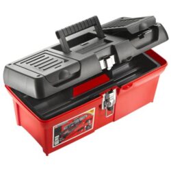 Boîte à outils vide empilable en PP rouge et noir avec poignée centrale et fermeture métallique