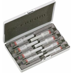 Coffret métallique avec tournevis de précision fente à manche gris et embouts rouges