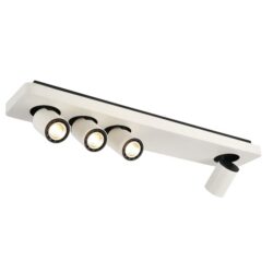 Plafonnier blanc avec trois spots GU10 orientables et un spot latéral noir blanc