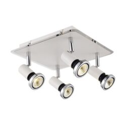 Plafonnier carré chromé avec quatre spots orientables GU10 et diffuseurs blancs