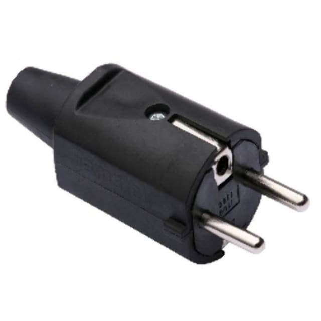 Famatel fiche mâle caoutchouc 2P 10/16A 250V IP20 Fiche mâle caoutchouc noire 2 broches rondes 10/16 A 250 V IP20 avec capuchon et vis de fixation