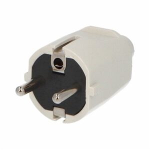 Fiche mâle PVC blanche 2P T 10 16A IP20 avec broches rondes et terre