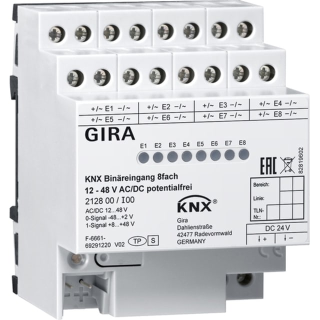 GIRA - Entrée. bin. 8x 12 - 48 V AC/DC sans pot. KNX rail DIN - 212800 GIRA - Entrée. bin. 8x 12 - 48 V AC/DC sans pot. KNX rail DIN - 212800