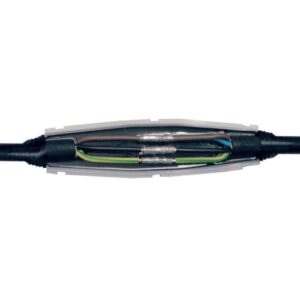 Boîte de jonction étanche transparente avec câbles raccordés et résine de protection