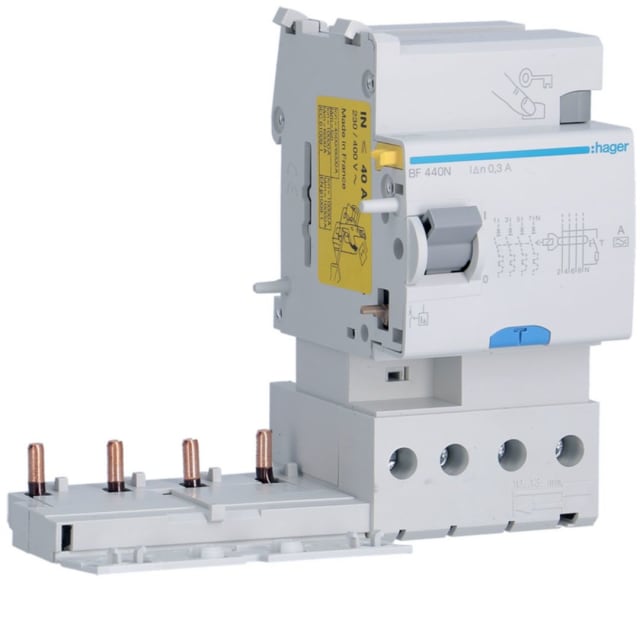 HAGER - Bloc différentiel 4P 40A 300mA type A - BF440N HAGER - Bloc différentiel 4P 40A 300mA type A - BF440N