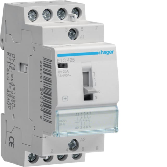 HAGER - Contacteur J/N 4x25A - 230V - 4NO - ETC425 HAGER - Contacteur J/N 4x25A - 230V - 4NO - ETC425