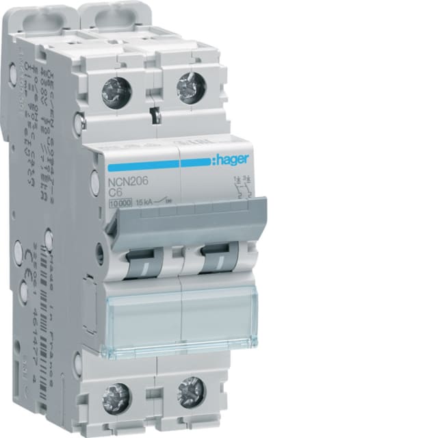 HAGER - Disjoncteur 10kA - C - 2P - 6A - 2M. - NCN206 HAGER - Disjoncteur 10kA - C - 2P - 6A - 2M. - NCN206