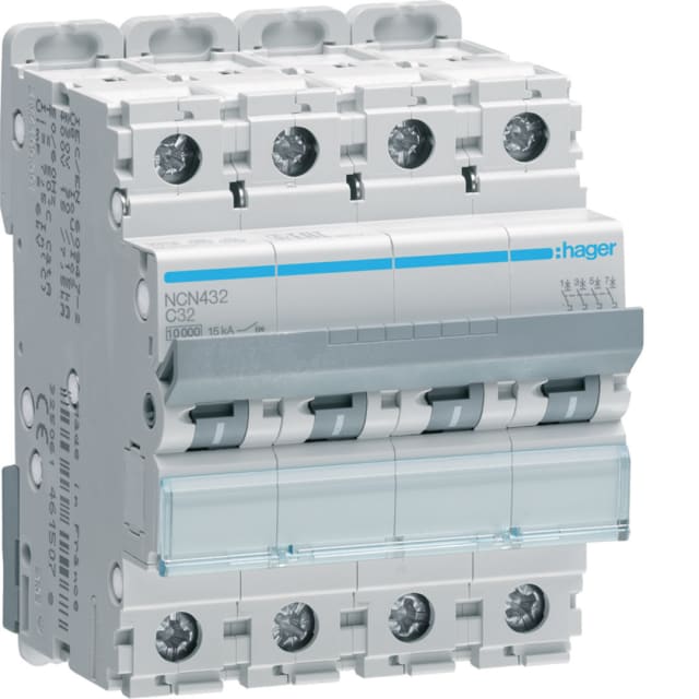 HAGER - Disjoncteur 10kA - C - 4P - 32A - 4M. - NCN432 HAGER - Disjoncteur 10kA - C - 4P - 32A - 4M. - NCN432