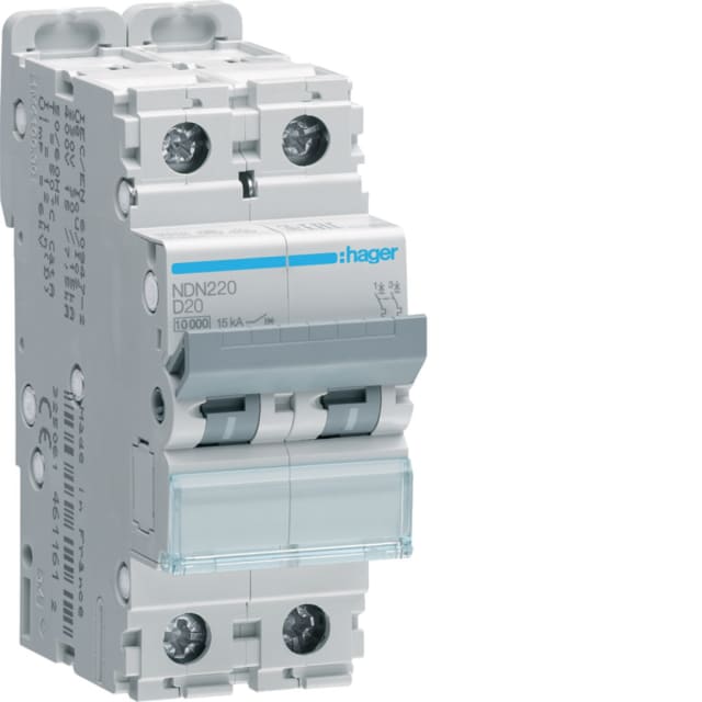 HAGER - Disjoncteur 10kA - D - 2P - 20A - 2M. - NDN220 HAGER - Disjoncteur 10kA - D - 2P - 20A - 2M. - NDN220