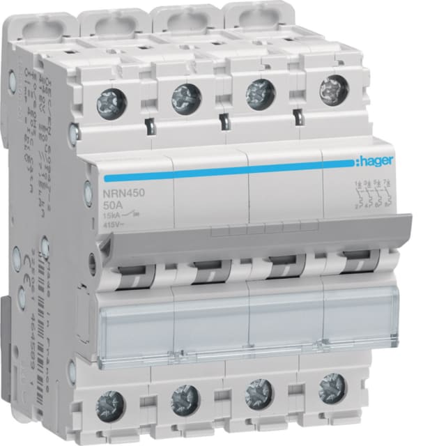 HAGER - Disjoncteur 15kA - C - 4P - 50A - 4M. - NRN450 HAGER - Disjoncteur 15kA - C - 4P - 50A - 4M. - NRN450