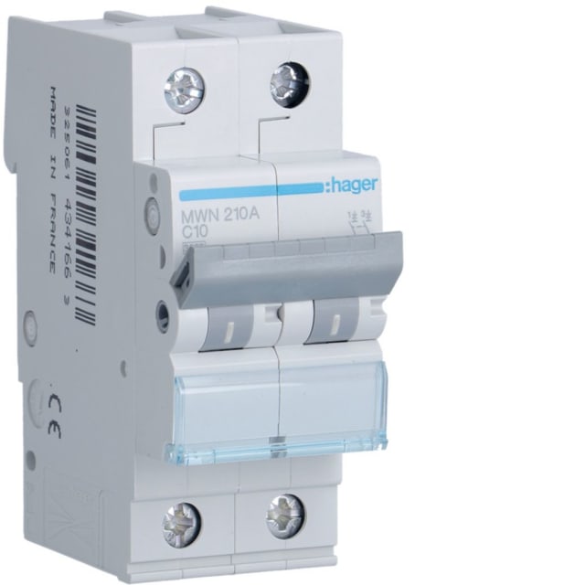 HAGER - Disjoncteur 3kA - C - 2P - 10A - 2M - MWN210A HAGER - Disjoncteur 3kA - C - 2P - 10A - 2M - MWN210A