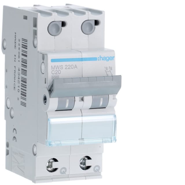 HAGER - Disjoncteur 3kA - C - 2P - 20A - 2M - qc - MWS220A HAGER - Disjoncteur 3kA - C - 2P - 20A - 2M - qc - MWS220A