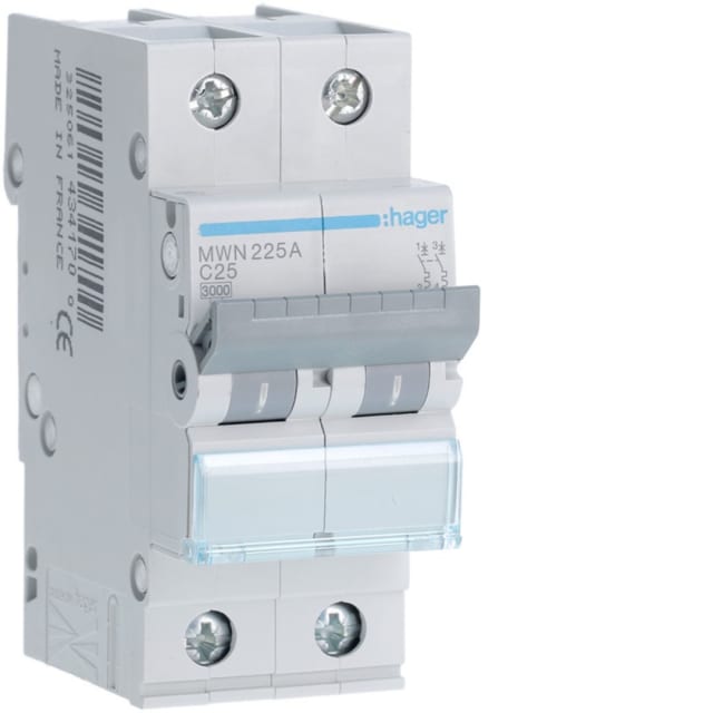 HAGER - Disjoncteur 3kA - C - 2P - 25A - 2M - MWN225A HAGER - Disjoncteur 3kA - C - 2P - 25A - 2M - MWN225A