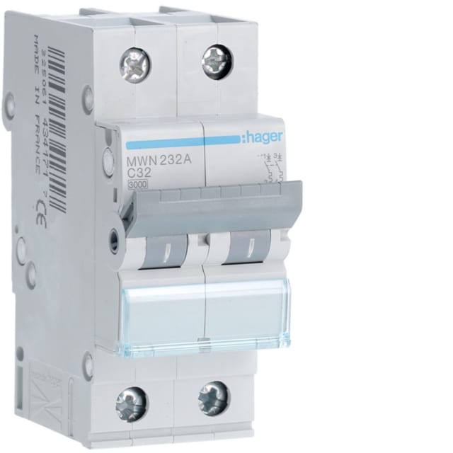 HAGER - Disjoncteur 3kA - C - 2P - 32A - 2M - MWN232A HAGER - Disjoncteur 3kA - C - 2P - 32A - 2M - MWN232A