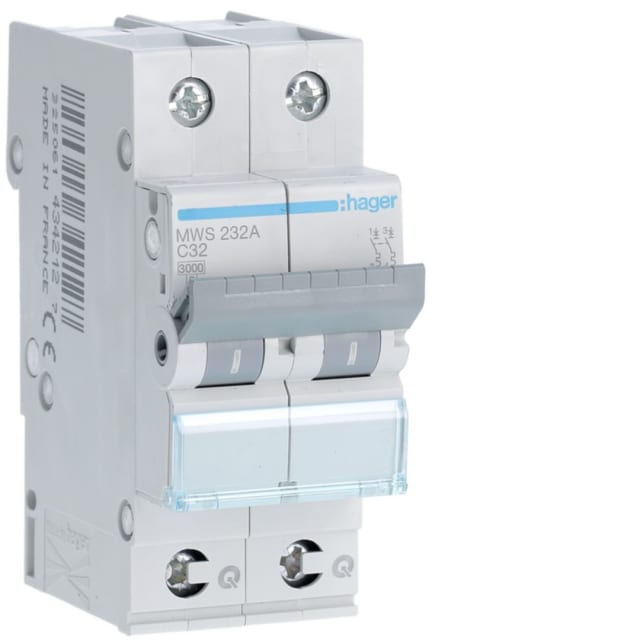HAGER - Disjoncteur 3kA - C - 2P - 32A - 2M - qc - MWS232A HAGER - Disjoncteur 3kA - C - 2P - 32A - 2M - qc - MWS232A