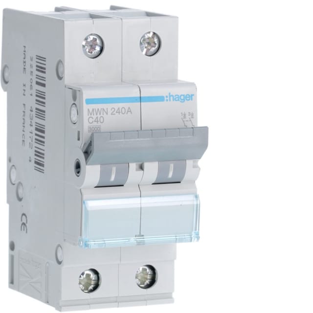 HAGER - Disjoncteur 3kA - C - 2P - 40A - 2M - MWN240A HAGER - Disjoncteur 3kA - C - 2P - 40A - 2M - MWN240A