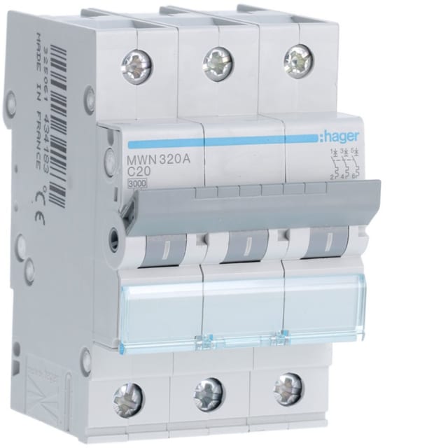HAGER - Disjoncteur 3kA - C - 3P - 20A - 3M - MWN320A HAGER - Disjoncteur 3kA - C - 3P - 20A - 3M - MWN320A