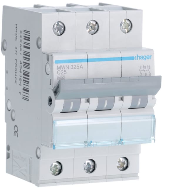HAGER - Disjoncteur 3kA - C - 3P - 25A - 3M - MWN325A HAGER - Disjoncteur 3kA - C - 3P - 25A - 3M - MWN325A