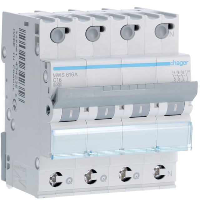 HAGER - Disjoncteur 3kA - C - 3P+N - 16A - 4M - qc - MWS616A HAGER - Disjoncteur 3kA - C - 3P+N - 16A - 4M - qc - MWS616A