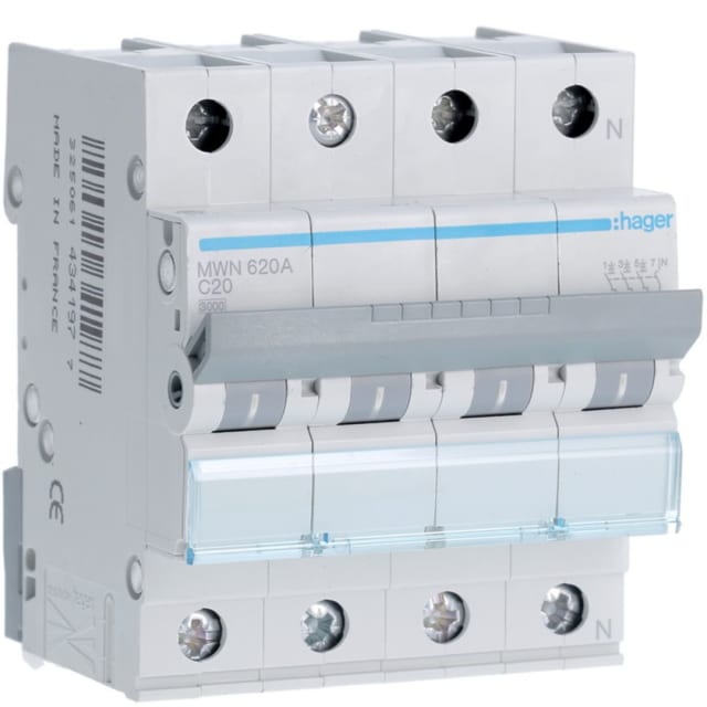HAGER - Disjoncteur 3kA - C - 3P+N - 20A - 4M - MWN620A HAGER - Disjoncteur 3kA - C - 3P+N - 20A - 4M - MWN620A