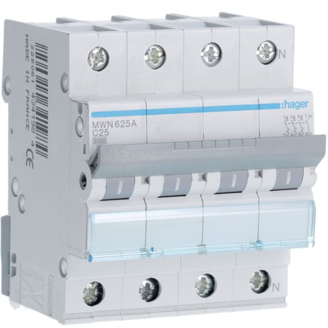 HAGER - Disjoncteur 3kA - C - 3P+N - 25A - 4M - MWN625A HAGER - Disjoncteur 3kA - C - 3P+N - 25A - 4M - MWN625A