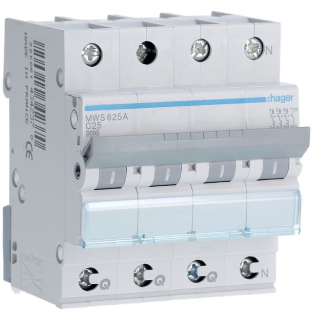 HAGER - Disjoncteur 3kA - C - 3P+N - 25A - 4M - qc - MWS625A HAGER - Disjoncteur 3kA - C - 3P+N - 25A - 4M - qc - MWS625A